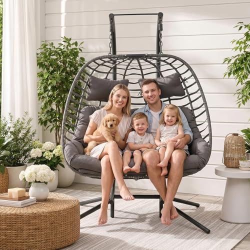Double Egg Swing Chair with Stand for Outdoor, Patio Hand Made Rattan Wicker 2 Double Hanging Egg Chairs Hammock Chair with UV Resistant Cushion and Metal Frame, Porch Swing Loveseat for Backyard - color: Charcoal