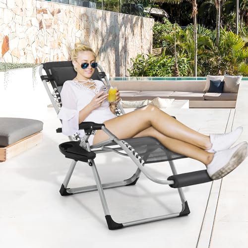 MoNiBloom Zero Gravity Lounge Chair with Cushion, Padded Patio Anti Gravity Recliner, Foldable Outdoor Lounger with Cup Holder Tray, Headrest and Footrest for Beach Camping, Black - color: Black, size: Standard with Footrest 1-Pack