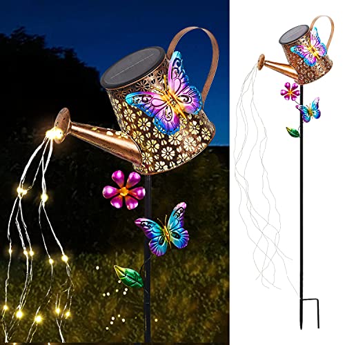 Solar Watering Can with Lights Outdoor Garden, 41" Tall Waterproof Garden Stake Lights Decoration for Yard Lawn Patio Pathway Front Porch Landscape Gardening Gifts for Mom Grandma Women Birthday Gift - color: Butterfly-Blue-Purple