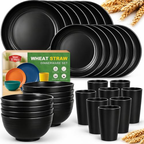 Teivio 32-Piece Kitchen Plastic Wheat Straw Dinnerware Set, Service for 8, Unbreakable Modern Dish Set - Dinner Plate/Dessert Plate/Cereal Bowl/Cup, for Apartment Essentials, Outdoor Camping, Black - color: Black