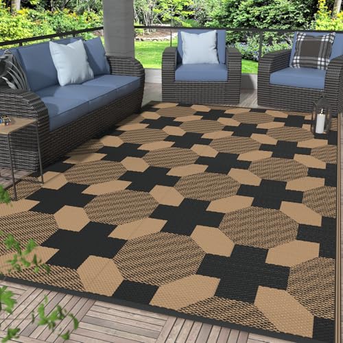 GENIMO Outdoor Rug for Patio Clearance, 6'x9' Reversible Geometric Plastic Straw Rugs, Lightweight Waterproof RV Camping Mat for Camper, Balcony, Deck, Backyard, Picnic, Black Brown - color: Black&brown-y, size: 6' x 9' (Rectangular)