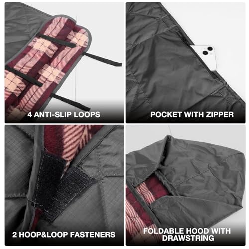 DUKUSEEK Large Camping Blanket - Waterproof, Quilted, Extra Thick Fleece, Warm, Windproof, Wearable, Includes Foldable Hood and Stuff Sack for Car, Outdoor Sports, Picnics, Stadiums, Dogs - color: Black Outer With Red Plaid Fleece