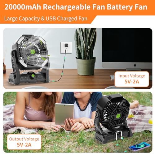 Battery Powered Fan, 20000mAh Coldless Fan Rechargeable Fan Portable,270°Head Rotation Camping Fan with LED Light & Hook,Quiet USB Table Fan Battery Operated Fan Camping Fan for Tents Black X26 - color: X26 Black