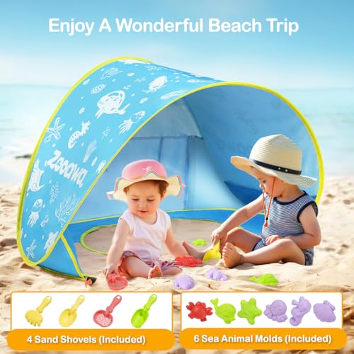Baby Beach Tent, Pop Up Beach Tent Sun Shade for Beach, Portable Shade Pool UV Protection Sun Shelter for Infant with Beach Sand Toys Set - color: Patterned Blue