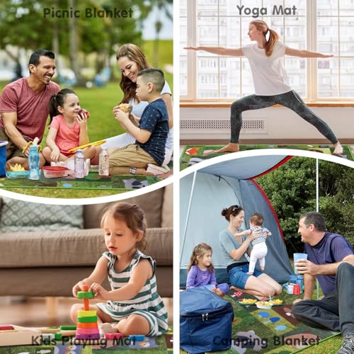 Supfitness Extra Large Picnic Blankets Waterproof Foldable (60"x 80") Boho Beach Blanket Waterproof Sandproof,3-Layer Thicking Mat Outdoor Packable Camping Blanket - color: Green-animal, size: 5' x 6'8" (Rectangular)