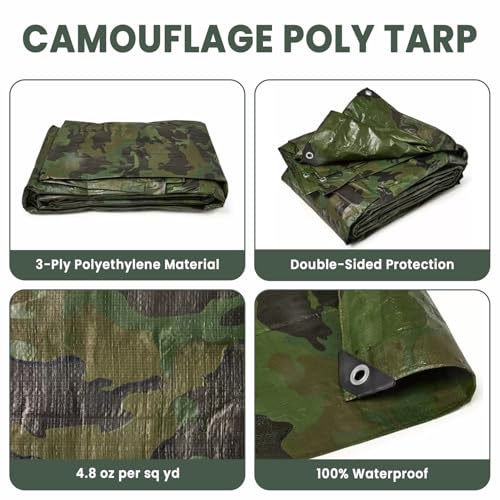 Tarps Now 16x20 ft Heavy Duty Camo Tarpaulin – 8 MIL Waterproof Camouflage Plastic Tarps with Aluminum Grommets, Reinforced Edges & Tear Resistant Cover for Camping, Roofing, Construction, Outdoor Use - size: 16' x 20'