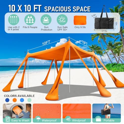 Beach Tent Sun Shelter Beach Canopy Tent Sun Shade Pop Up 10x10 UPF50+ with 8 Sandbags-2 Sand Shovel-Portable 4 Aluminum Poles-Ground Pegs-Easy Setup for Outdoor Family Camping Fishing Picnic - color: Orange