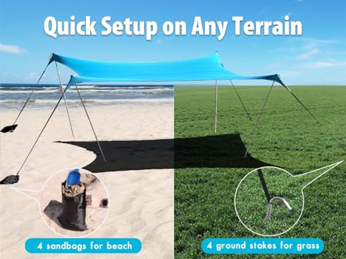 10×10ft UPF50+ Beach Tent Sun Shelter, Windproof Stable Outdoor Pop Up Beach Shade Canopy for Camping, Fishing, Backyard Fun or Picnics, 4 Poles - color: Turquoise, size: 10×10 FT 4 POLES
