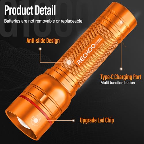 Rechargeable Flashlights High Lumens, G1000 Super Bright Flash Light Orange, Small Zoomable LED Flashlight with 3 Lighting Modes, Portable Tactical Flashlight for Camping Essentials (Battery Included) - color: Orange, size: 1 Pack