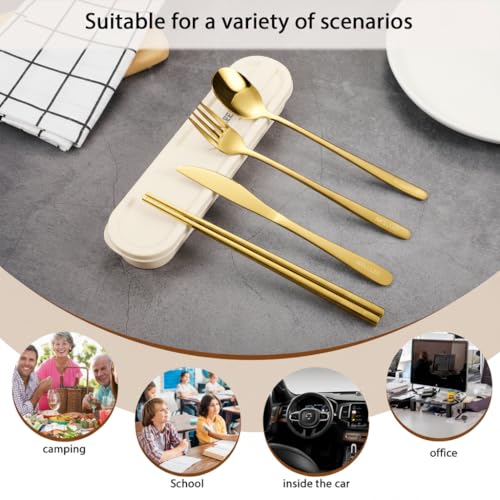 Travel cutlery set, 18/8 stainless steel cutlery, Reusable utensils set with case, Portable Silverware Lunch Box for Camping and Office-Stainless steel - color: Gold