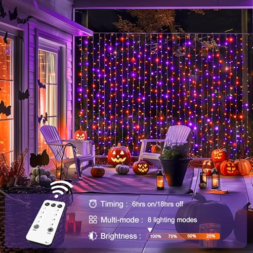 JMEXSUSS 300LED Orange and Purple Halloween Curtain Lights with Remote, 9.8x9.8ft Window Twinkle Hanging String Lights Plug in, Halloween Lights for Bedroom Wall Party Backdrop Indoor Outdoor Decor - color: Orange and Purple, size: 300 LED