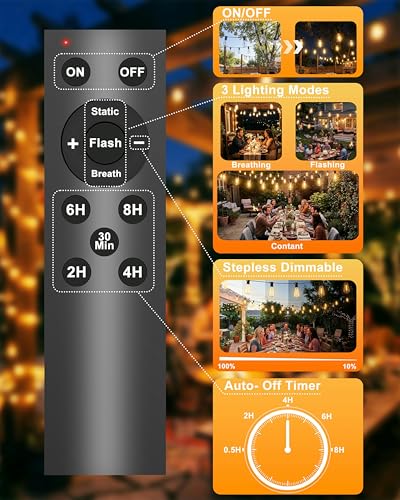 54FT Outdoor Solar String Lights, Patio Lights Solar Powered with Remote & USB Port, 24+1 ST38 LED Shatterproof Bulbs, Dimmable Solar String Light Waterproof for Camping, Backyard, Garden - size: 54FT (24Bulbs)