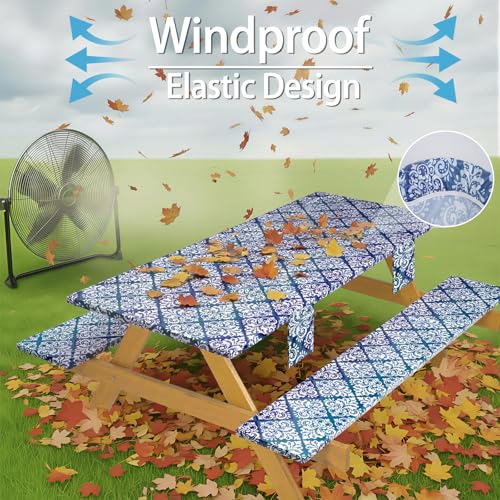 Fitted Waterproof Picnic Table Cover with Bench Covers Elastic Reusable Camping Table Cloths for 6Ft Rectangle Tables Summer Camp Motorhome Party Gear Outdoors Car Travel Trailer Gadgets Gift - color: Blue Flowers, size: 72" x 30" (Rectangular)