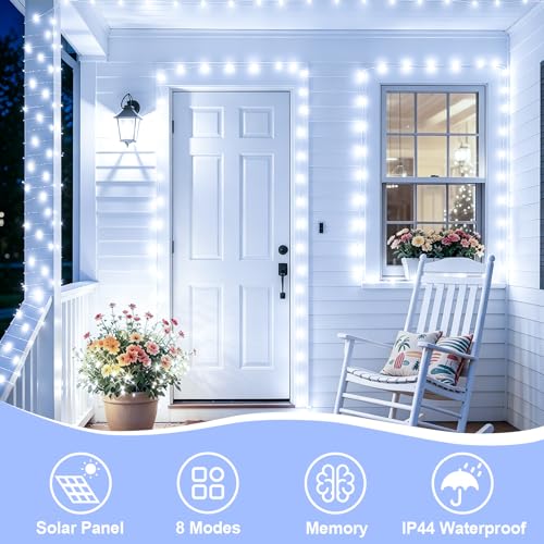 YEGUO 4 Pack White Solar Fairy Lights, Each 33ft 100 LED Christmas Lights Outdoor Waterproof, 8 Modes Sliver Wire Solar String Lights - color: White