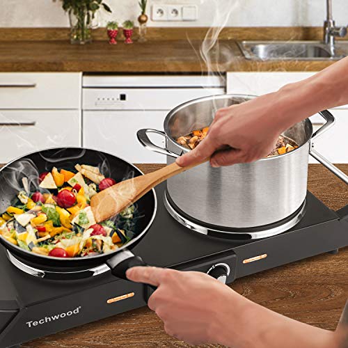 Techwood 1800W Hot Plate Portable Electric Stove Countertop Double Burner with Adjustable Temperature & Stay Cool Handles, 7.5” Cooktop for RV/Home/Camp, Compatible for All Cookwares - color: Black, size: Double Burner
