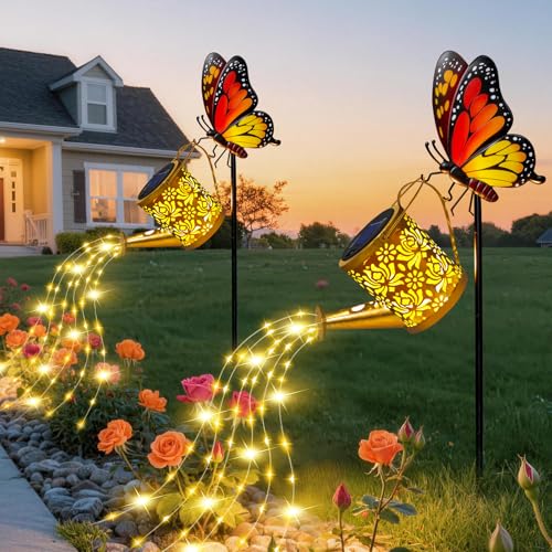 Solar Lights Garden Decor, Waterproof Solar Watering Can with Butterfly Garden Stakes, Outdoor Light with Cascading Lights for Outside Patio Porch, Birthday Gift for Women 2 Pack - color: Butterfly 2 Pack