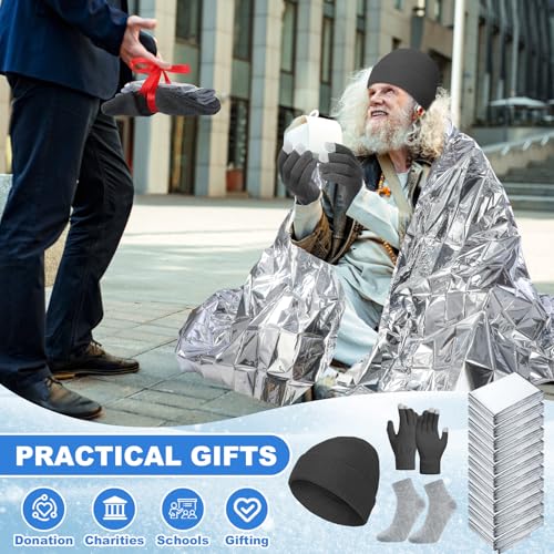 400 Pcs Thermal Blankets Winter Warmth Set Bulk, Warm Socks Winter Touchscreen Gloves Beanie Hats Emergency Foil Blankets (Elegant) - color: Elegant