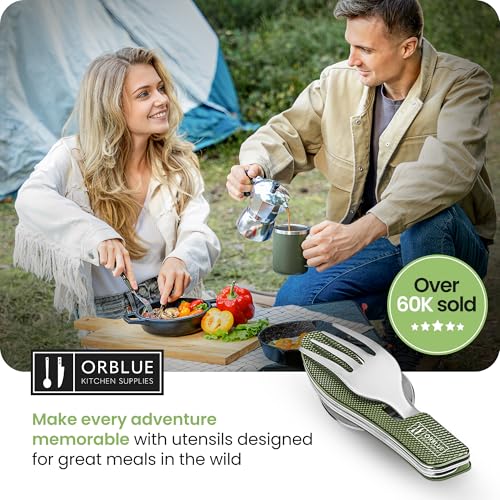 Orblue 4-in-1 Camping Utensils, 1-Pack, Portable Stainless Steel Spoon, Fork, Knife & Bottle Opener Combo Set - Travel, Backpacking Cutlery Multitool Olive Green - color: 1-PACK Olive Green