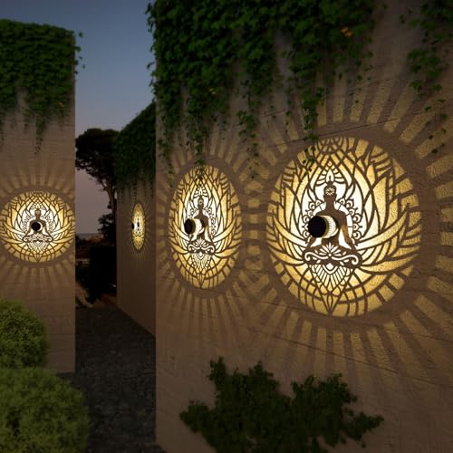 4 Pack Solar Fence Lights Metal Solar Powered Outdoor Wall Deck Step Lights Zen Theme Waterproof Fence Light for Garden Post Patio Backyard Yard Decor, Gardening Gifts for Women Mom Grandma - color: Zen, size: 4 Pack