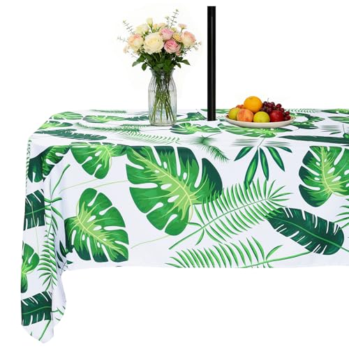 SquarePie Outdoor Tablecloth with Umbrella Hole and Zipper Rectangle Polyester Waterproof Spillproof Table Cloth for Spring Summer Picnic Patio Garden Poolside Camping BBQ, 60x84 inch Palm Leaf - color: Palm Leaf, size: 84" x 60" (Rectangular)