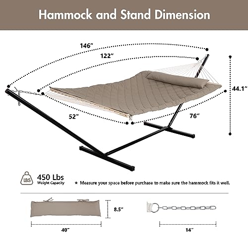 ANOW 2 Person Hammock with 12FT Heavy Duty Steel Stand, Double Rope Hammock with Detachable Pillow and Pad for Outdoors Indoors, 450 LBS Weight Capacity, Light Brown - color: Light Brown, size: With Stand