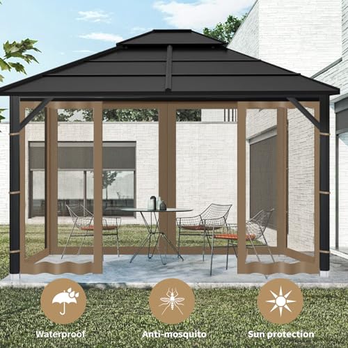 Gazebo Replacement Mosquito Netting Outdoor Universal Gazebo Canopy 4-Panels Screen Sidewalls with Zipper for Patio Garden (Brown, 10x10) - color: Brown, size: 10x10