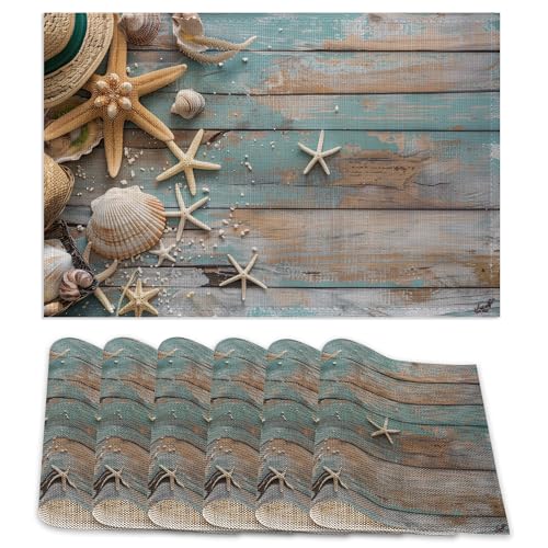 Beach Themed Placemats Set of 6,Blue Wooden Waterproof Non-Slip Washable Table Mats for Kitchen Dining Holiday Party Wedding Decor 12x18 Inch - color: Beach Themed,blue Wooden