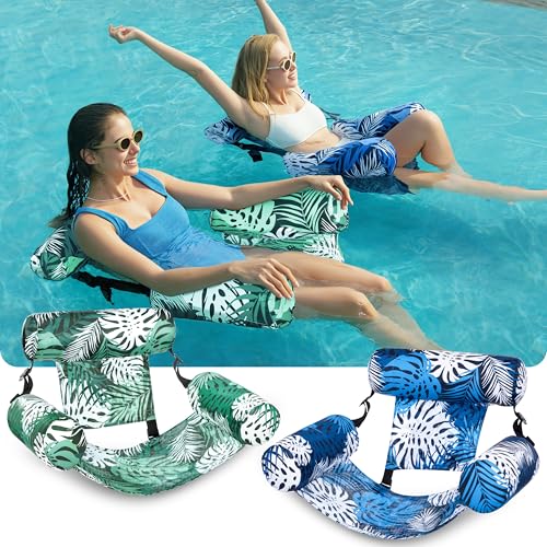 SLOOSH Inflatable Pool Floats Adult,2 Packs Floating Lounge Chairs,Blow up Pool Noodles for Adult Heavy Duty,Floating Chair for Party Summer Water Beach Lake Fun - style: Tropical Leaves-Green,Blue