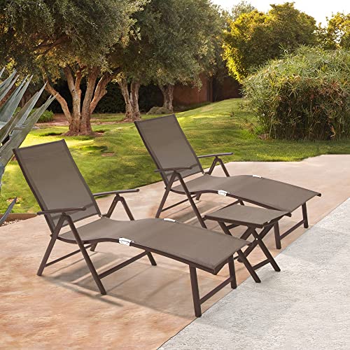 Crestlive Products 2PCS Chaise Lounge Chair Outdoor with 1PC Side Table, Aluminum Folding Patio Recliner Chair, Adjustable 8 Positions Assemble-Free - color: Brown, size: 3 Pcs