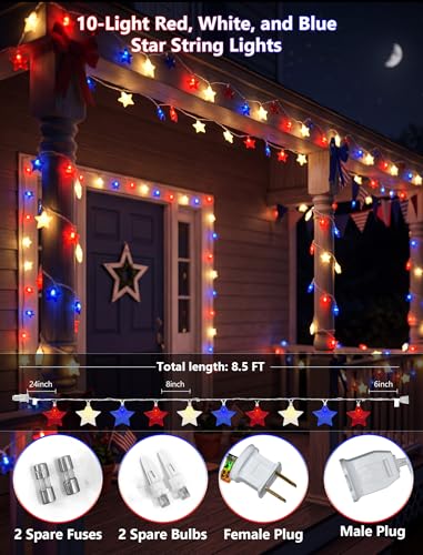 8.5Ft Patriotic Red White Blue Star String Lights, 10 LED Plug in Connectable Fairy Lights for 4th of July Independence Day, Outdoor Waterproof Star Lights for Patio Garden Bedroom Holiday Party Decor - color: 10LED Star Lights