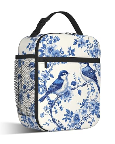 Insulated Small Lunch Box,Blue Birds Reusable Lunch Bag for Kids Adult Women,Vintage Flower Large Capacity Portable Thermal Bag with Mutiple Pockets for School,Work,Picnic - color: Blue Birds