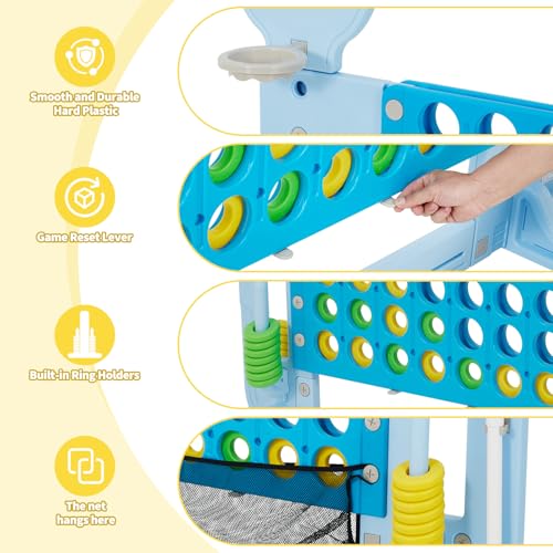 Jumbo 4-to-Score Connect Outdoor Game, 4-Levels Height Adjustable Giant 4-in-a-Row Yard Games with Mesh Net, 4-in-1 Play Design w/Golf, Basketball & Ring Toss for Kids & Adults, Patent Authorized