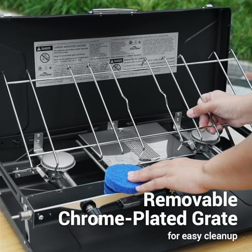 FineFlame Camping Stove, Propane Portable Camp Stove with Regulator, Push-Button Instant Ignition, Adjustable Burners & Wind Guards for Car BBQ Picnics Outdoor Camping Cooking (20400 BTUs-3 Burners) - color: Black-3 burner+griddle-20400BTU