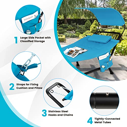 Tangkula Hammock with Stand Included, Heavy Duty Outdoor Hammock with Adjustable Canopy, Rustproof Metal Stand, Pillow, Storage Pocket, Hammock Bed with Stand for Backyard Lawn Poolside (Blue) - color: Blue