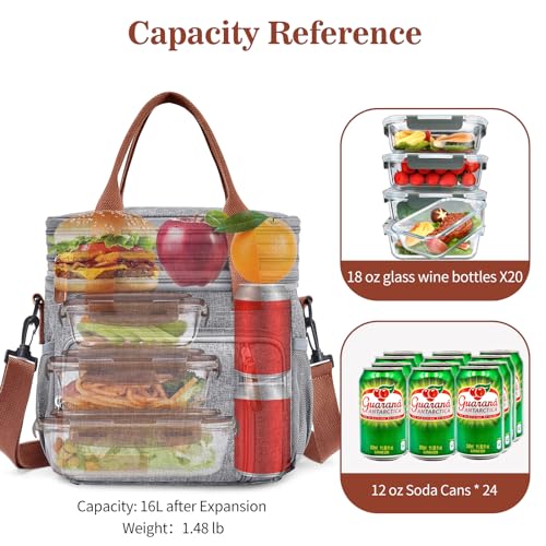 Lunch Box & Lunch Bag for Women Men, Expandable Large Insulated Adult Lunch Bag with Strap, Double Deck Leakproof Lunchbox Durable Cooler Bags for Work Picnic Beach,16L, Gray - color: Gray