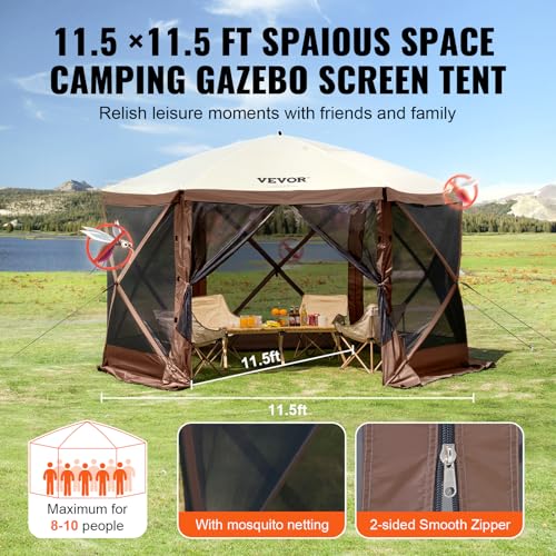 VEVOR Pop Up Gazebo Screen Tent 6 Sided Canopy Sun Shelter with 6 Removable Privacy Wind Cloths & Mesh Windows, 11.5x11.5FT Quick Set Screen Tent with Mosquito Netting, Brown - color: Brown, size: 11.5x11.5ft