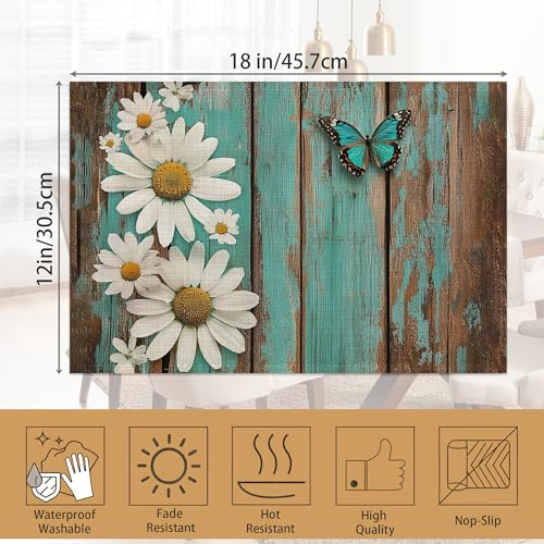 Placemats Set of 6,White Daisy Table Mats, Vintage Wood Washable Linen Table Mats,Non-Slip Heat Resistant Placemats for Party Kitchen Dining Indoor Outdoor 12"x18" - color: White Daisy, Vintage Wood