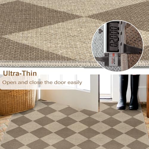 Rugalia Easy Jute Small Outdoor Patio Rug, 3x5 Brown Checkered Entryway Rug Washable Modern Diamond Kitchen Rugs, Non-Slip Neutral Farmhouse Throw Carpet for Living Room Porch Backyard - color: Brown Checkered, size: 3' x 5' (Rectangular)