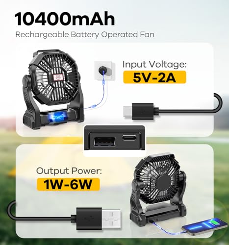DOWILLDO 15000mAh Portable Battery Powered Camping Fan - with LED Light, Quiet Battery Operated, Camping Gear for Travel, Tent, Beach, Car or Hurricane Power Outages，Black - color: Black, size: 15000mAh