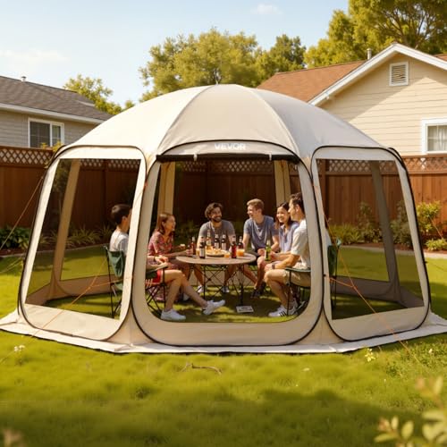 VEVOR Pop up Screen House Tent, 15 x 13.8 ft, 12-15 Person Screen Gazebo, Portable Screened in Canopy with Carry Bag, Netting Sides, Ground Stakes, for Garden, Patio, Backyard, Outdoor Activities - color: Beige, size: 15x13.8x8.04 FT
