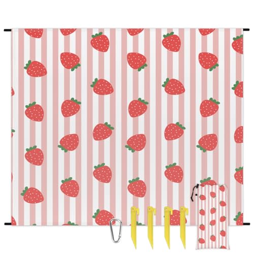 Strawberry Strip Lightweight Beach Blanket Waterproof Sandproof 59"X68" Sand Free Beach Mat with 4 Stakes Compact Outdoor Blanket for Beach Quick Drying Picnic Mat for Travel Camping