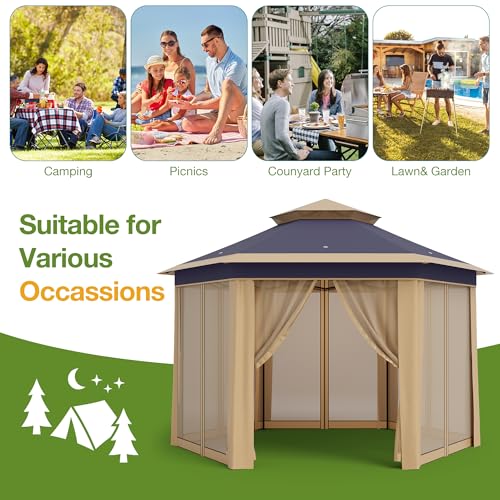 Takywep 13x13 ft Outdoor Gazebo Pop Up Canopy Tent, Heavy Duty Metal Frame, Double UV Protection, Privacy Screen Curtain, 3-Height Adjustable, Wheeled Bag & Ground Stakes for Backyard Patio Beige - color: Khaki Beige
