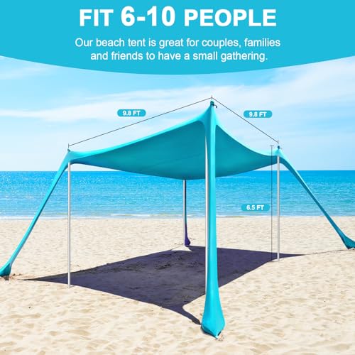 Beach Tent - 10 x 10 FT Beach Canopy, Outdoor Shade Canopy for Camping, Portable Beach Tent Sun Shelter UPF50 with 4 Sandbags, Anti-Wind Ropes, Ground Pegs and Stability Poles, Light Blue - style: 10*10 FT 4 Pole-Light Blue