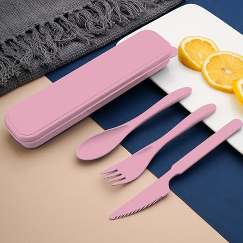 Reusable 3-in-1 Camping Utensil Set with Storage Case - Portable Travel Cutlery for Outdoor, Picnic, and Everyday Use - color: Pink
