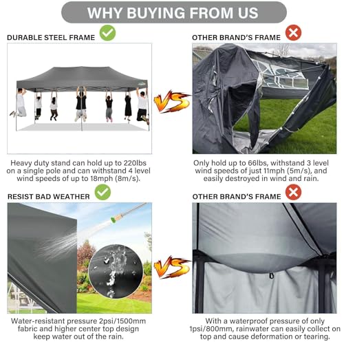 COBIZI 10x20 Pop up Canopy Tent 10x20 Canopy with 6 Sidewalls Waterproof Heavy Duty Commercial Tent for Parties Outdoor Garden Gazebo, Carry Bag with Wheel(10x20ft, Gray) - color: Gray, size: 10X20FT 6 Sidewalls
