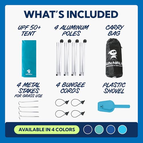 SUN NINJA Beach Tent Sun Shelter UPF50+ - Easy Pop Up Beach Canopy - Outdoor Shade for Camping Trips, Fishing, Backyard Fun Picnics - Sand Shovel, Ground Pegs & Stability Poles - color: Royal Blue, size: 10x10 FT 4 Pole