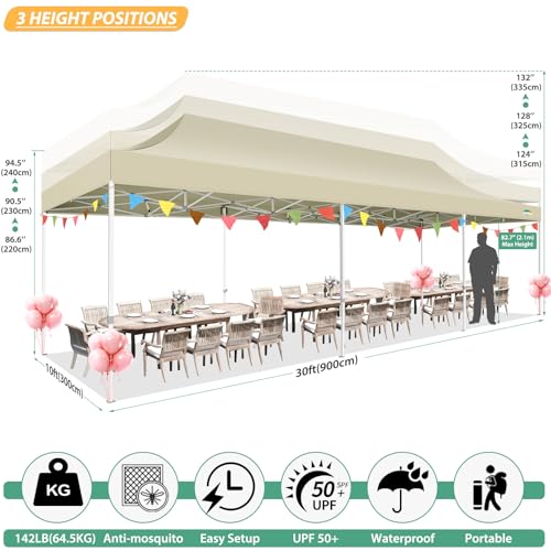 COBIZI 10x30 Pop Up Canopy with Sidewalls, Heavy Duty Canopy with Mosquito Netting, Easy up Screen Party Tents for Parties Backyard Outdoor Commercial Event Gazebo with Roller Bag, Sandbags, Khaki - color: Khaki, size: 10x30ft(standard)