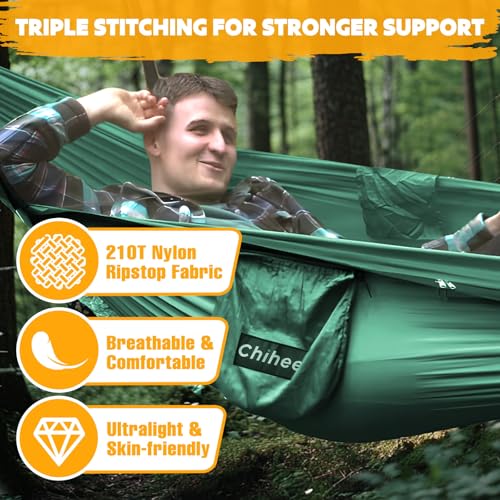 Chihee Ultra-Light Travel Camping Hammock Pop-up Net Hammock 660lbs Load Capacity,Breathable,Quick-Drying Parachute Nylon 2 Premium Carabiners,2 Tree Slings Included for Outdoor Backpacking Hiking - color: Dark Green