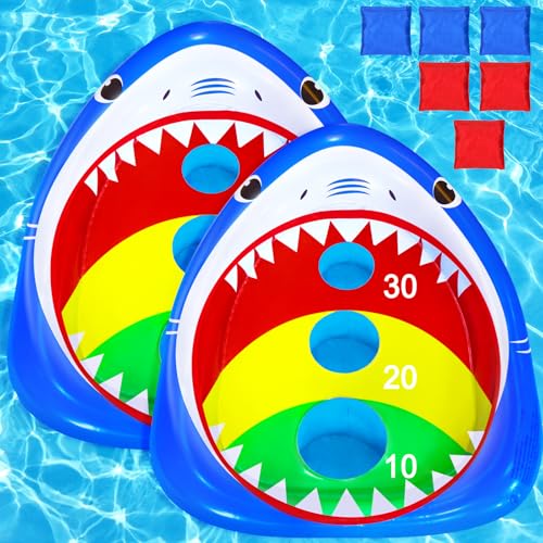 2 Pack Kids Pool Toys,Inflatable Shark Cornhole Board Floating Water Games Outdoor Swim Play for Adults Family,Cool Summer Party Gift for 6 7 8 9 10 12 Year Olds - style: 2 Pack Shark Cornhole Board