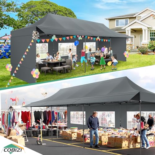 COBIZI 10x30 Pop Up Canopy Tent with Awning & Sidewalls, Heavy Duty Commercial 10X30 Canopy Tents Instant Waterproof, UPF 50+ Sun Shade for Outdoor, Parties, Markets (Gray) - color: Gray, size: 10x30FT with 5 Sidewalls & 3 Awning Cloth